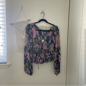 Free People Balconette Floral Smocked Peasant Top NWT Boho Long Sleeves